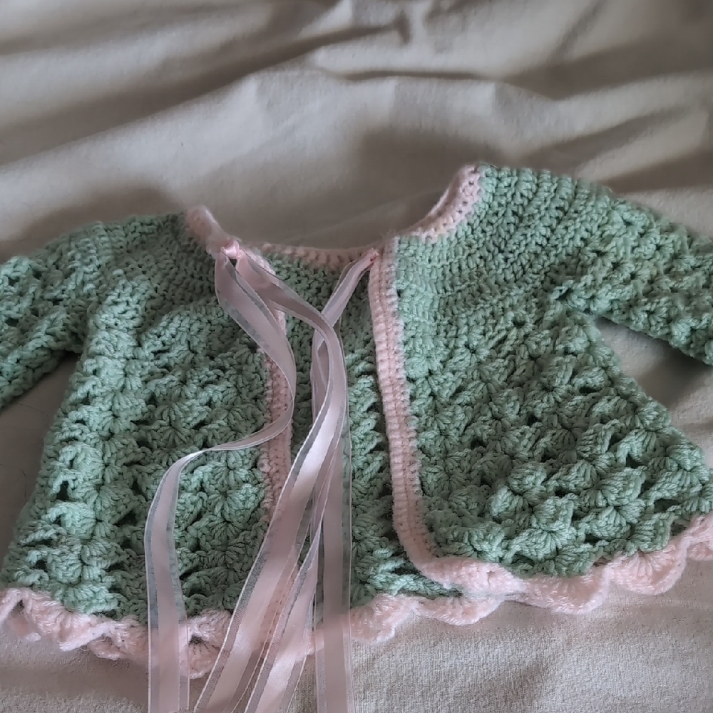 Handmade Baby Cardigan with Pink Ribbon